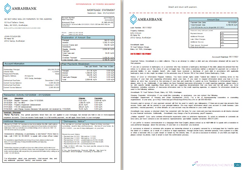 Download Azerbaijan Amrahbank bank mortgage statement, 3 pages, 1 2 scr Photoshop template
